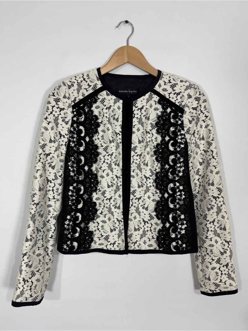 WJT8 {Nanette Lepore} Black Cream Lace Overlay Suit Coat Jacket